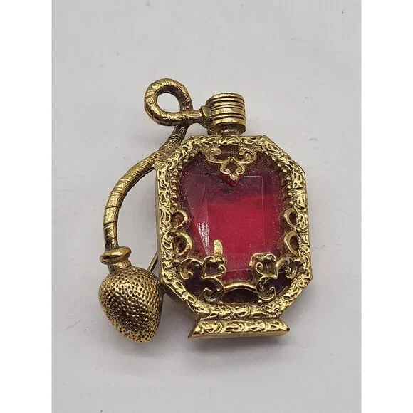 VTG Figural Ornate Perfume Bottle Pin Brooch Gold Tone Red Glass Faceted Stone - Picture 1 of 8